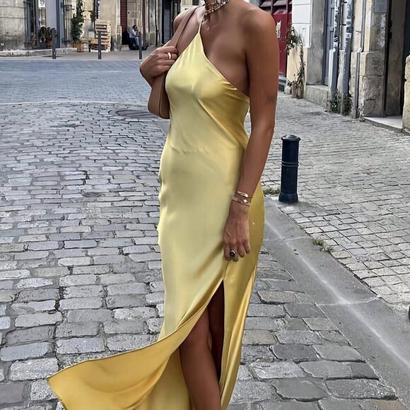 Yellow Sexy Women's Elegant One Shoulder Backless High Slit maxi Dress